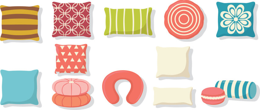 Set of various colorful flat vector illustrations of decorative throw pillows, bed pillows, and cushions in different shapes and patterns, isolated on a white background.
