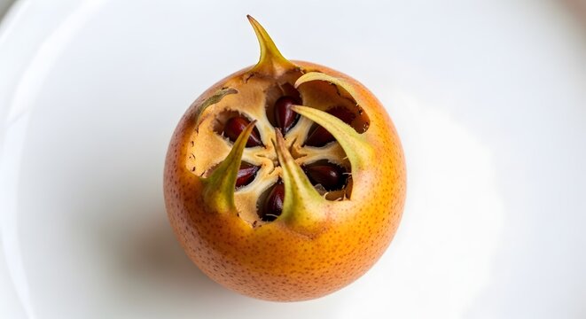 Single ripe medlar fruit displaying characteristic sepals with mespilus