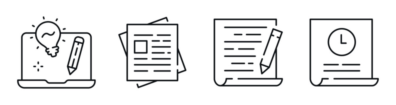 Document and idea icons depicting writing and planning on strip. Editable stroke