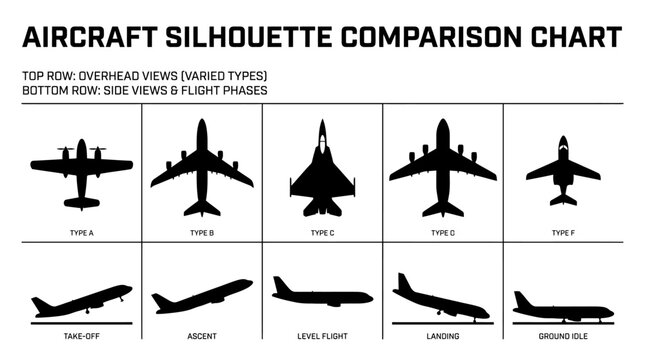 Aircraft silhouette comparison chart showing types and flight phases, overhead and side views, aviation identification, military and civil plane outlines