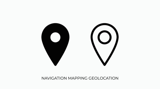 Solid and outline location pin icons with geolocation text, navigation mapping symbols, modern design, digital interface, GPS marker illustration
