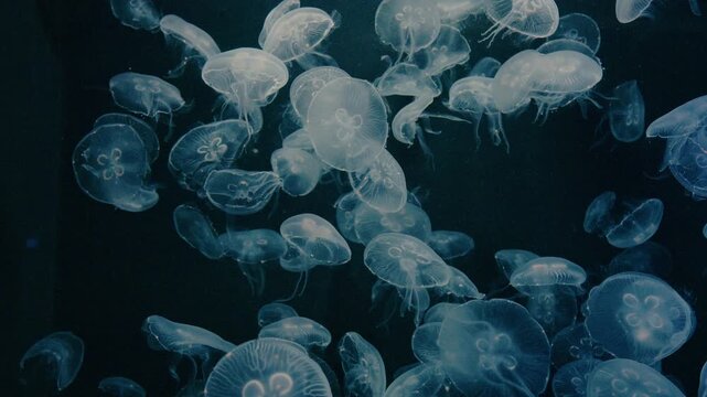 4K Video of moon jellyfish swimming gracefully against a black background.