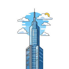A tall modern skyscraper stands against a bright blue sky with fluffy white clouds © fani