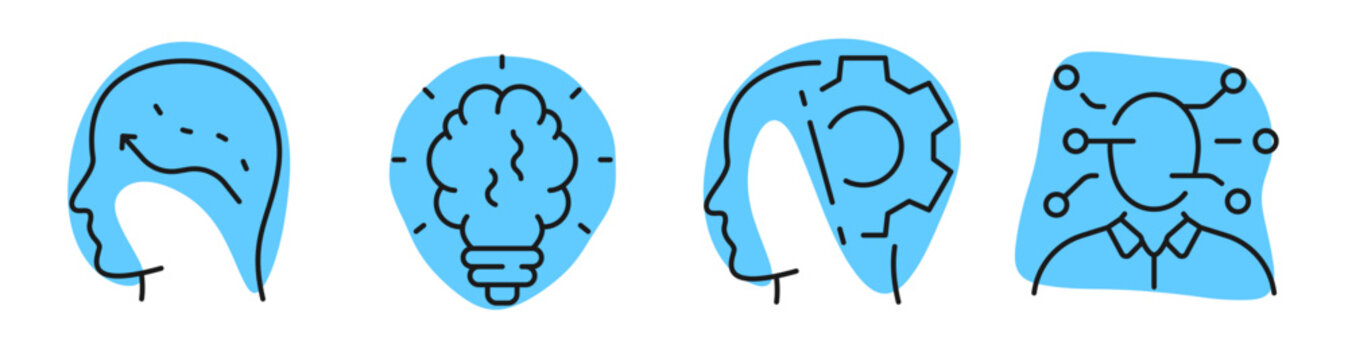 Human thinking and idea generation icons in conceptual design. Editable stroke