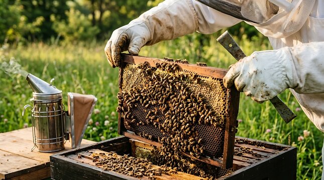 Beekeeper inspecting a honey bee frame in a hive with a smoker nearby