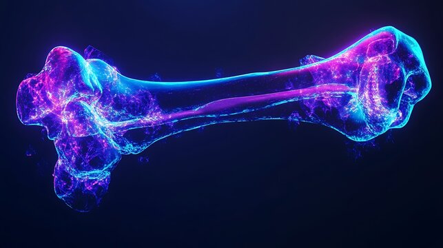 Neon glowing human femur bone illustration on dark background