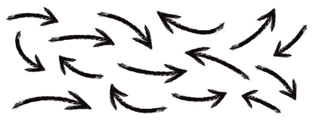 Fototapeta premium Various bold brush drawn curved arrows. Collection doodle marker thick arrows in different directions. Hand drawn vector direction pointers. Curved and wavy brush strokes with scratches. 