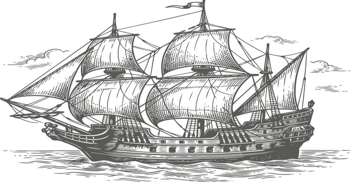 Vintage engraving of a sailing ship, a galleon or caravel on the sea, hand drawn vector illustration