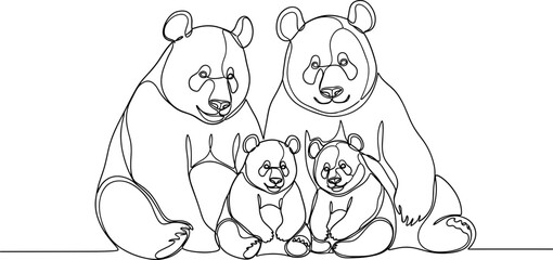 Continuous line drawing of a panda family with two adults and two cubs © Indah