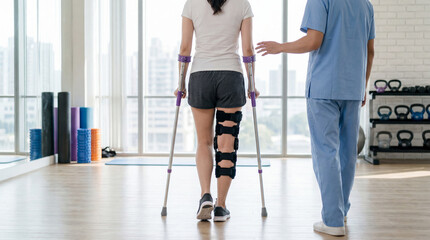 Female patient with a knee brace walking on crutches assisted by a physical therapist in a rehab clinic