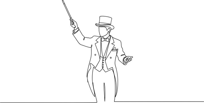 Orchestra conductor in top hat directing with baton, elegant formal wear, minimalist line art
