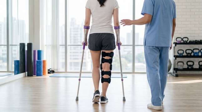 Female patient with a knee brace walking on crutches assisted by a physical therapist in a rehab clinic