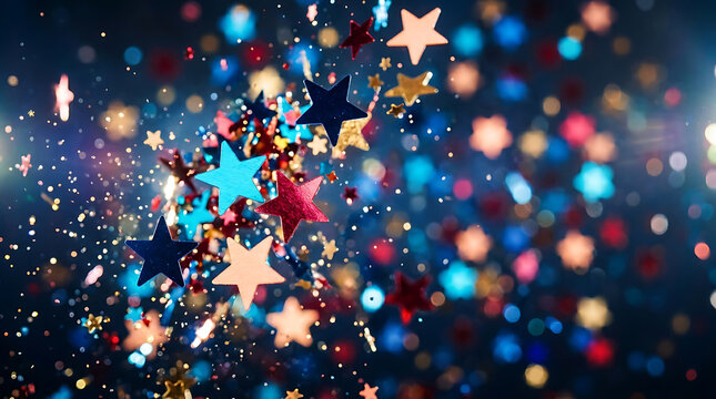 Colorful Glitter Stars Background Celebration Party Concept With Sparkling Bokeh Lights And Festive Confetti