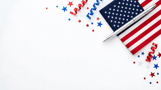 American Flag Background With Silver Pen And Festive Red Blue Confetti For Fourth Of July