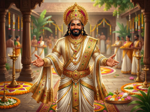 King Mahabali Extending Traditional Welcome During Onam Festival Celebration Representing Kerala Folklore, Prosperity and Cultural Heritage Traditions