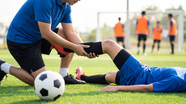 Coach assisting an injured soccer player with a leg cramp or muscle strain on a green football field