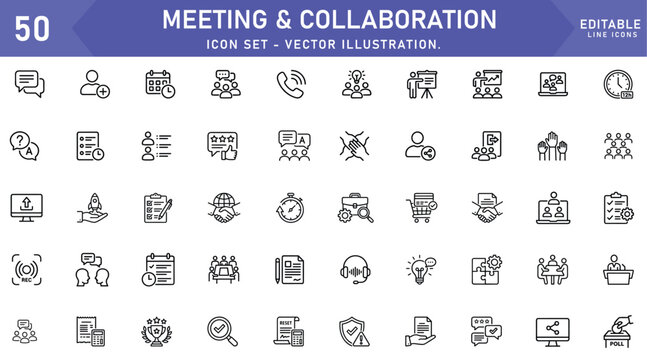 Meeting & Collaboration icon set. Teamwork related line icons: business discussion, group communication, project collaboration, brainstorming session & more. Editable line icons. Vector illustration.