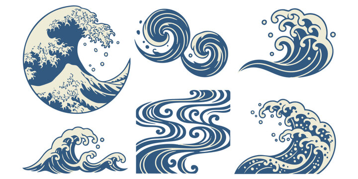 Ocean waves crash on shore with various swirling patterns and blue tones.