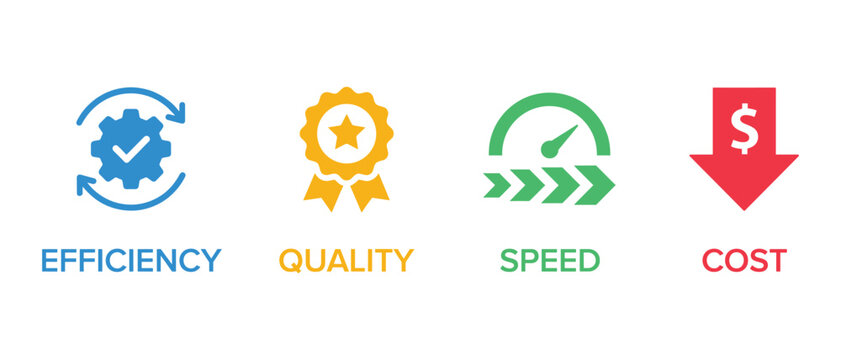 Four icons representing efficiency quality speed and cost, vector illustration