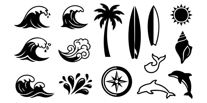 Black icons of ocean waves, dolphins, palm trees, and surfboards on white