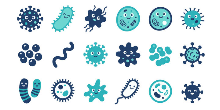 Microscopic view of various bacteria and viruses in a laboratory setting with multiple shapes.