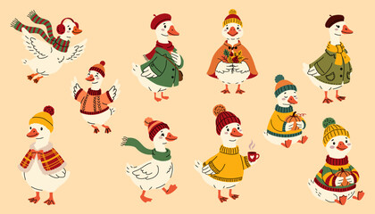 Naklejka premium Cute Autumn Goose Character Illustration Set