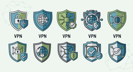 Collection of colorful virtual private network shield icons. © Raden