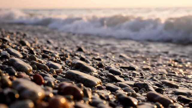 Smooth pebble beach with wet stones, gentle ocean wave, soft sunlight, tranquil seashore, natural coastline, summer evening, peaceful water, scenic landscape, foamy shore, sunset relaxation
