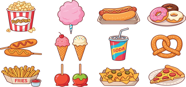 Carnival Fair Snack and Fast Food Vector Icon Set with Popcorn Cotton Candy Hot Dog Donuts Corn Dogs Ice Cream Pretzel Fries Nachos and Pizza