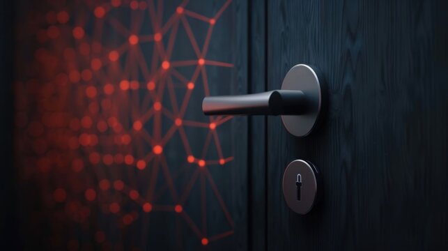 A contemporary dark wood door featuring a metallic handle and keyhole overlaid with a luminous red digital network pattern signifying connectivity and security