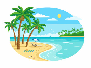 Obraz premium palm tree sea vector. Tropical beach with palm trees by ocean, calm summer nature scene, clean flat style isolated on white.