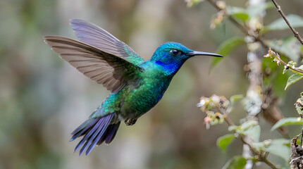 Obraz premium Vibrant hummingbird in flight near blooming flowers