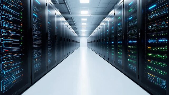 Rows of server racks in a data center