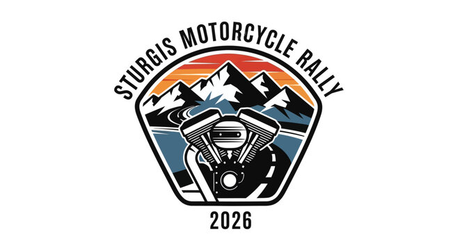 Vintage motorcycle rally badge 2026 featuring engine mountains and road for biker adventure and travel lifestyle