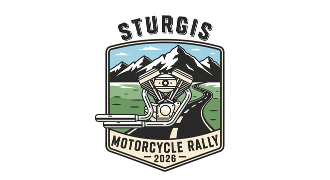 Vintage motorcycle rally emblem featuring a vtwin engine winding road and mountain landscape for event branding