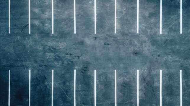 Overhead perspective of a vacant asphalt parking area featuring parallel white lines that delineate parking stalls suggesting orderly urban transportation infrastructure