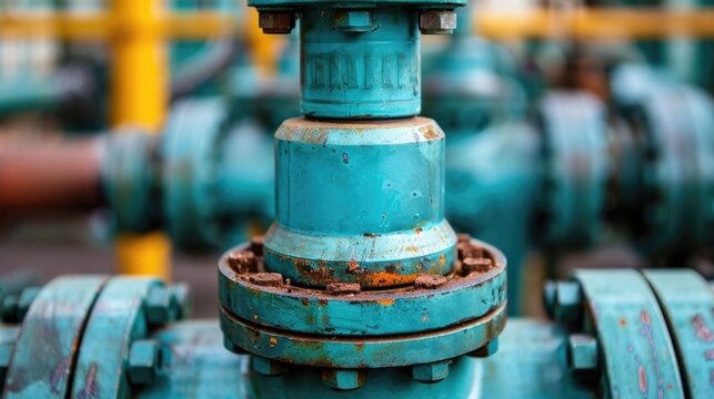 Focus on aged industrial components highlighting the textured teal painted metal of pipe flanges and a central valve mechanism with signs of corrosion and wear