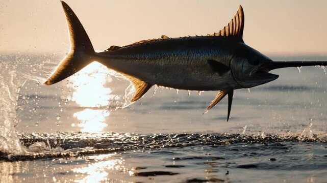 Atlantic Swordfish Breaching at Sunset in the Open Ocean