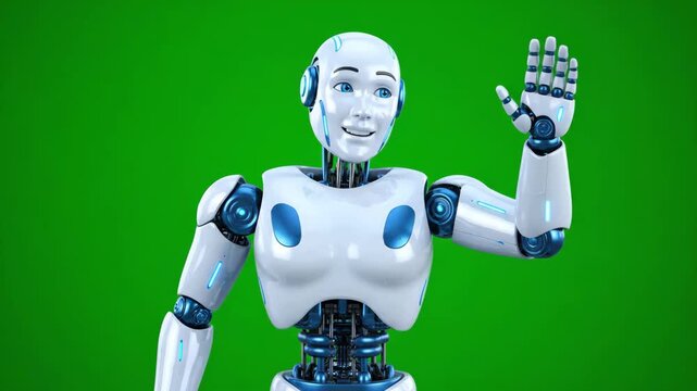 Friendly humanoid robot with white and blue body, smiling and waving hand, isolated green background, futuristic artificial intelligence, advanced technology, cybernetic design, friendly expression