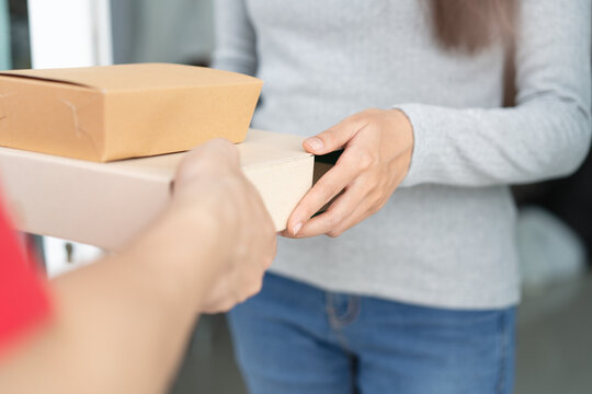 Client receiving lunch box from delivery man at home.