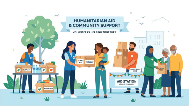 Volunteers helping communities with food and support, humanitarian aid concept, flat vector illustration, clean minimalist composition, white background
