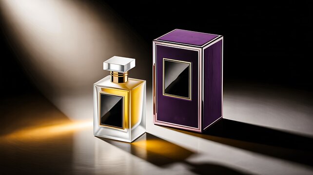 Luxury perfume bottles with elegant packaging under dramatic studio lighting