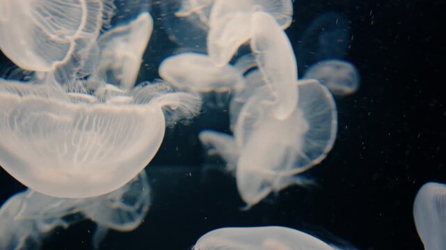 4K Video of moon jellyfish swimming gracefully against a black background.