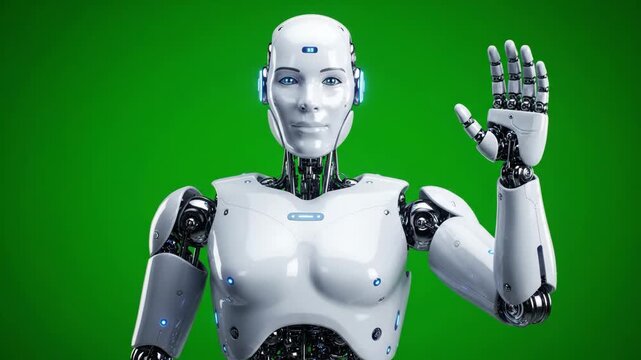 Humanoid robot artificial intelligence futuristic white green background technology machine cybernetic friendly waving, mechanical joints, blue lights, digital innovation, waving hand, artificial