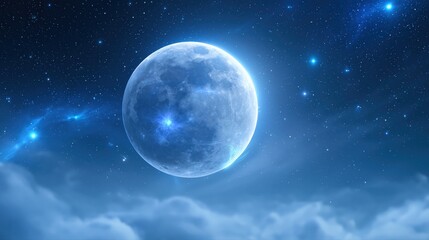 Obraz premium Mystical Blue Moon Illuminates Starry Night Sky with Ethereal Clouds