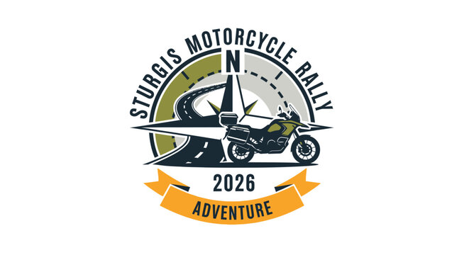 Dynamic illustration of a thrilling motorcycle rally event emblem, featuring a powerful touring bike on an open road, symbolizing adventure, freedom, and the spirit of an epic journey