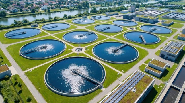 Aerial view of sewage treatment plant with circular tanks. Industrial infrastructure for water purification and environmental protection. Wastewater recycling and ecology technology.