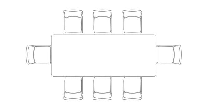 Top view line art vector illustration of a conference table with eight chairs for business meeting layouts.