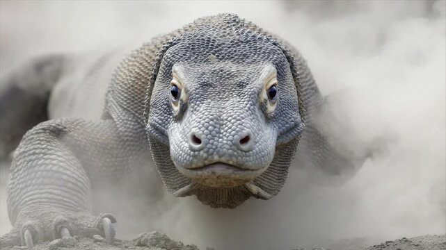 A close-up of a large lizard with pebbled skin, surrounded by dust