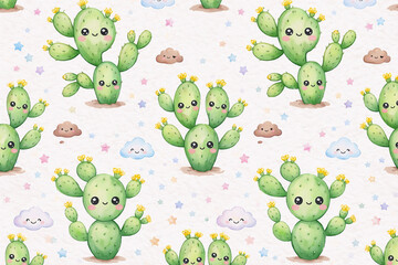 Fototapeta premium Cute Kawaii Cactus Watercolor Seamless Pattern with Clouds and Stars